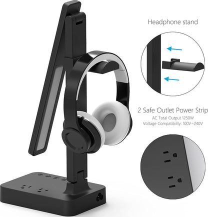 LED Desk Lamp for College Dorm Room, Desk Light with 1 USB Charging Port 2 AC Power Outlet, 3 Lighting Modes, 3 Level Brightness Touch Lamp, Eye-Caring Home Office Foldable Table Lamp