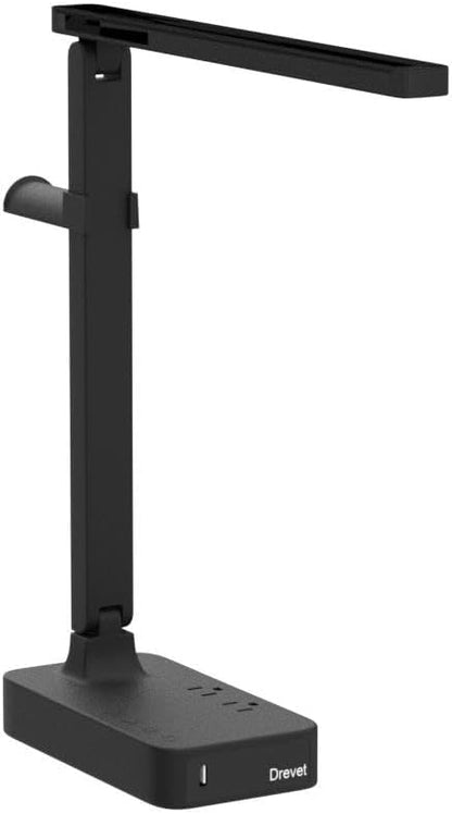 LED Desk Lamp for College Dorm Room, Desk Light with 1 USB Charging Port 2 AC Power Outlet, 3 Lighting Modes, 3 Level Brightness Touch Lamp, Eye-Caring Home Office Foldable Table Lamp