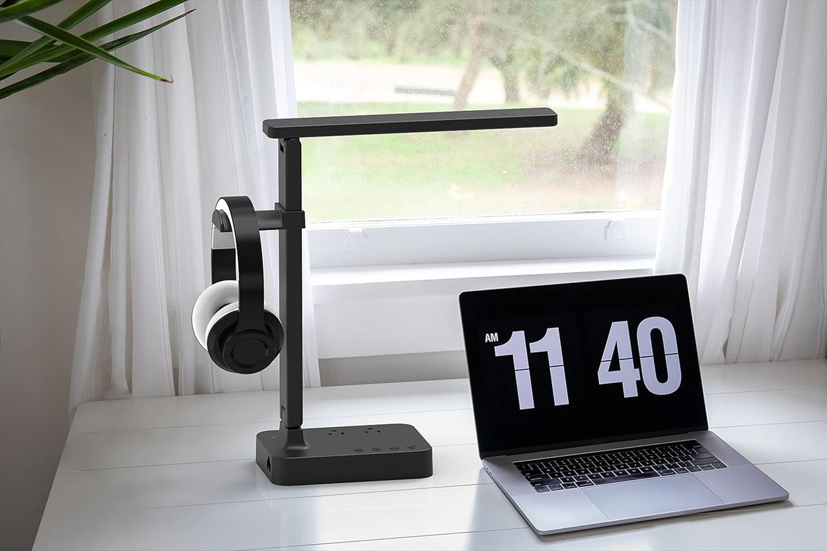 LED Desk Lamp for College Dorm Room, Desk Light with 1 USB Charging Port 2 AC Power Outlet, 3 Lighting Modes, 3 Level Brightness Touch Lamp, Eye-Caring Home Office Foldable Table Lamp