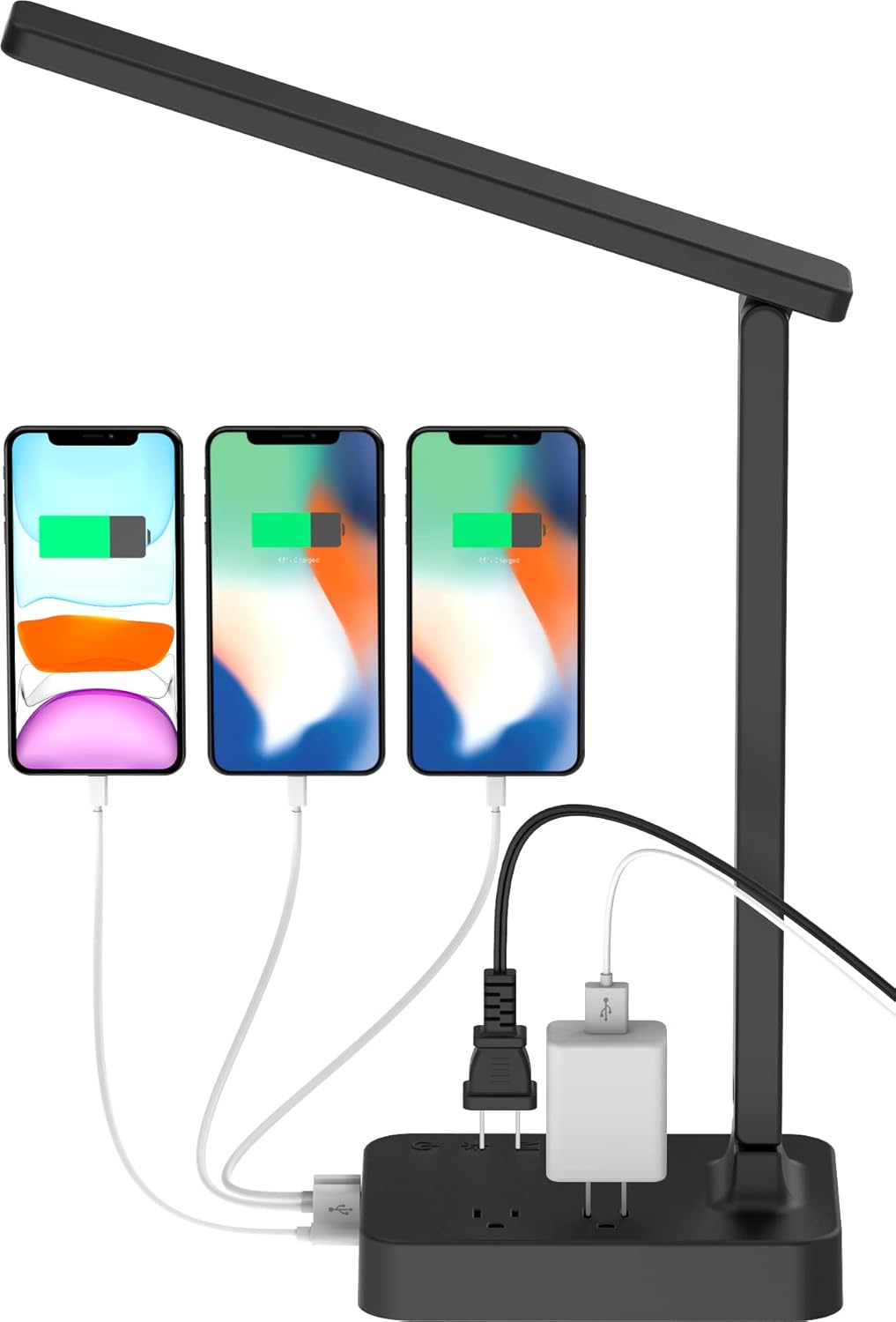 LED Desk Lamp for College Dorm Room, Desk Light with 1 USB Charging Port 2 AC Power Outlet, 3 Lighting Modes, 3 Level Brightness Touch Lamp, Eye-Caring Home Office Foldable Table Lamp