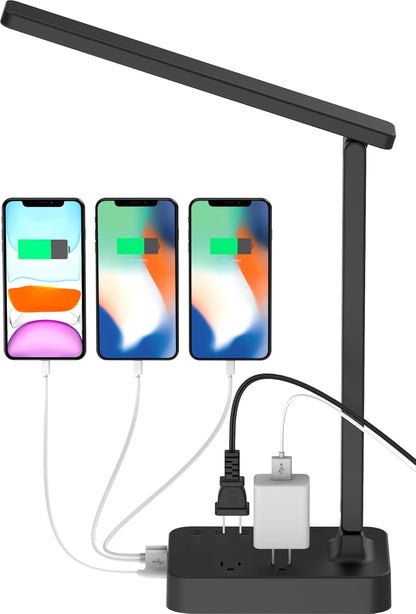 LED Desk Lamp for College Dorm Room, Desk Light with 1 USB Charging Port 2 AC Power Outlet, 3 Lighting Modes, 3 Level Brightness Touch Lamp, Eye-Caring Home Office Foldable Table Lamp