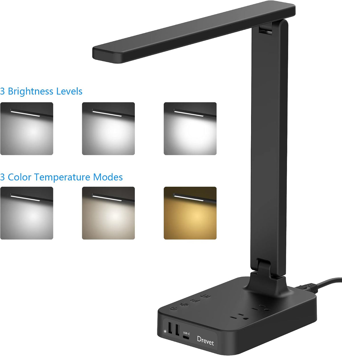 LED Desk Lamp for College Dorm Room, Desk Light with 1 USB Charging Port 2 AC Power Outlet, 3 Lighting Modes, 3 Level Brightness Touch Lamp, Eye-Caring Home Office Foldable Table Lamp