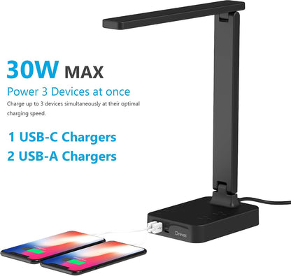 LED Desk Lamp for College Dorm Room, Desk Light with 1 USB Charging Port 2 AC Power Outlet, 3 Lighting Modes, 3 Level Brightness Touch Lamp, Eye-Caring Home Office Foldable Table Lamp