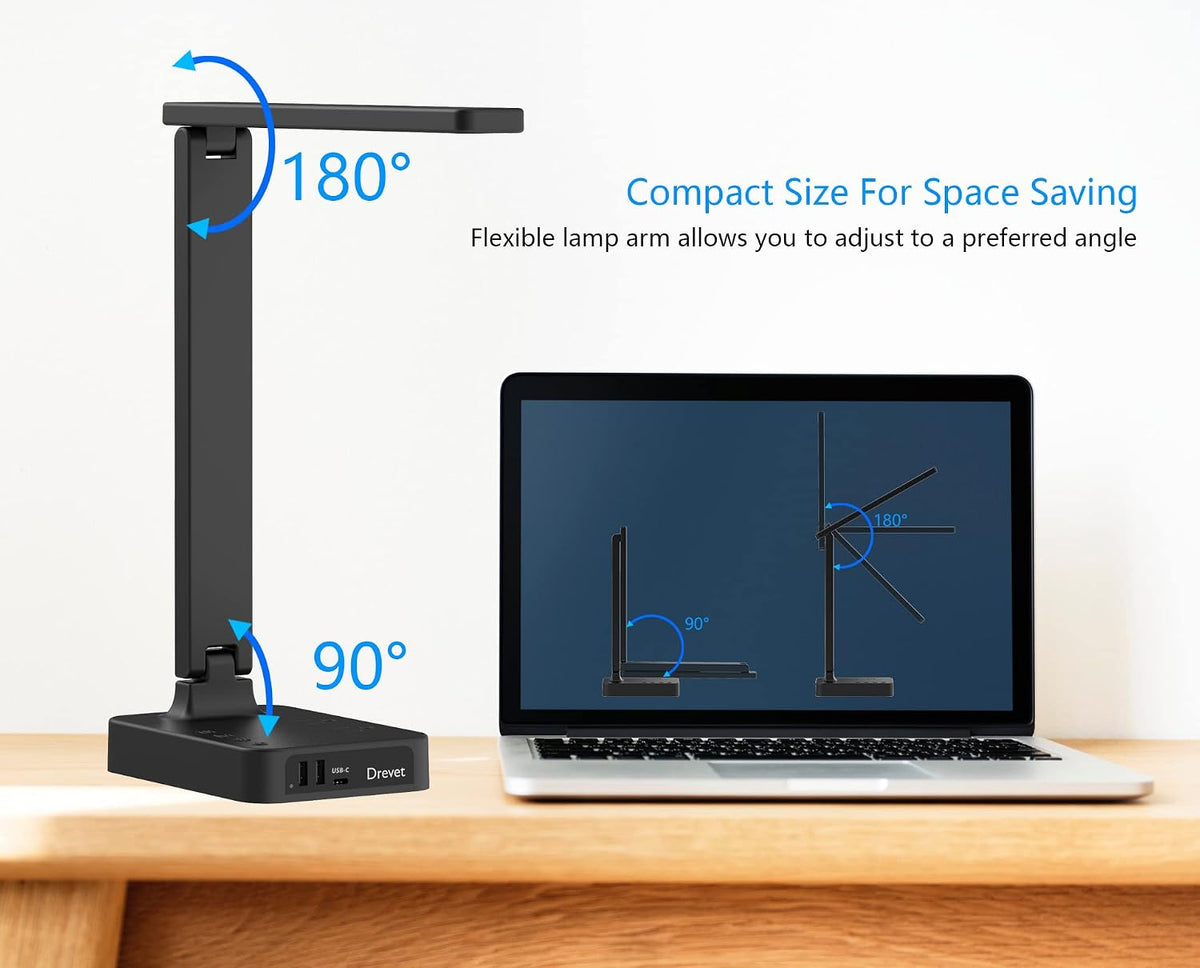 LED Desk Lamp for College Dorm Room, Desk Light with 1 USB Charging Port 2 AC Power Outlet, 3 Lighting Modes, 3 Level Brightness Touch Lamp, Eye-Caring Home Office Foldable Table Lamp