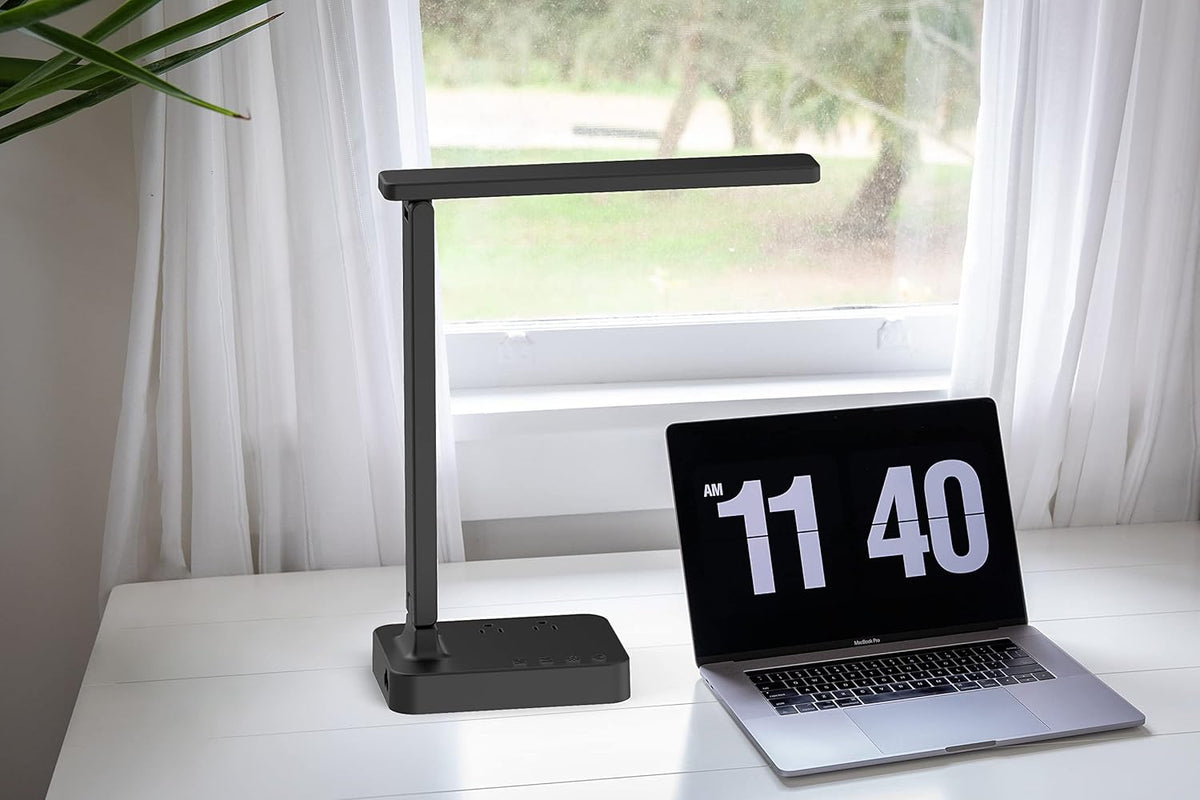 LED Desk Lamp for College Dorm Room, Desk Light with 1 USB Charging Port 2 AC Power Outlet, 3 Lighting Modes, 3 Level Brightness Touch Lamp, Eye-Caring Home Office Foldable Table Lamp
