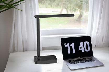 LED Desk Lamp for College Dorm Room, Desk Light with 1 USB Charging Port 2 AC Power Outlet, 3 Lighting Modes, 3 Level Brightness Touch Lamp, Eye-Caring Home Office Foldable Table Lamp