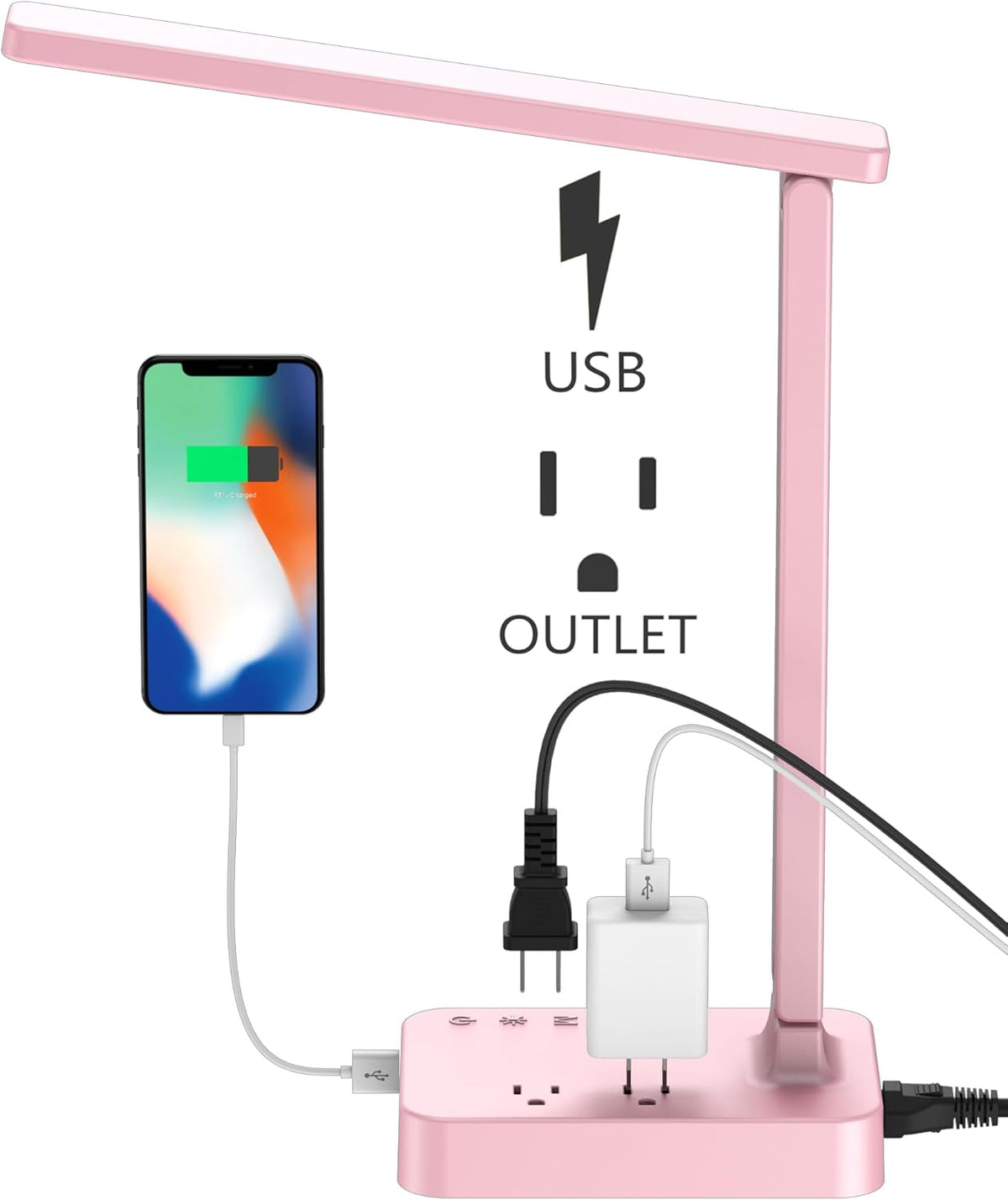 LED Desk Lamp for College Dorm Room, Desk Light with 1 USB Charging Port 2 AC Power Outlet, 3 Lighting Modes, 3 Level Brightness Touch Lamp, Eye-Caring Home Office Foldable Table Lamp