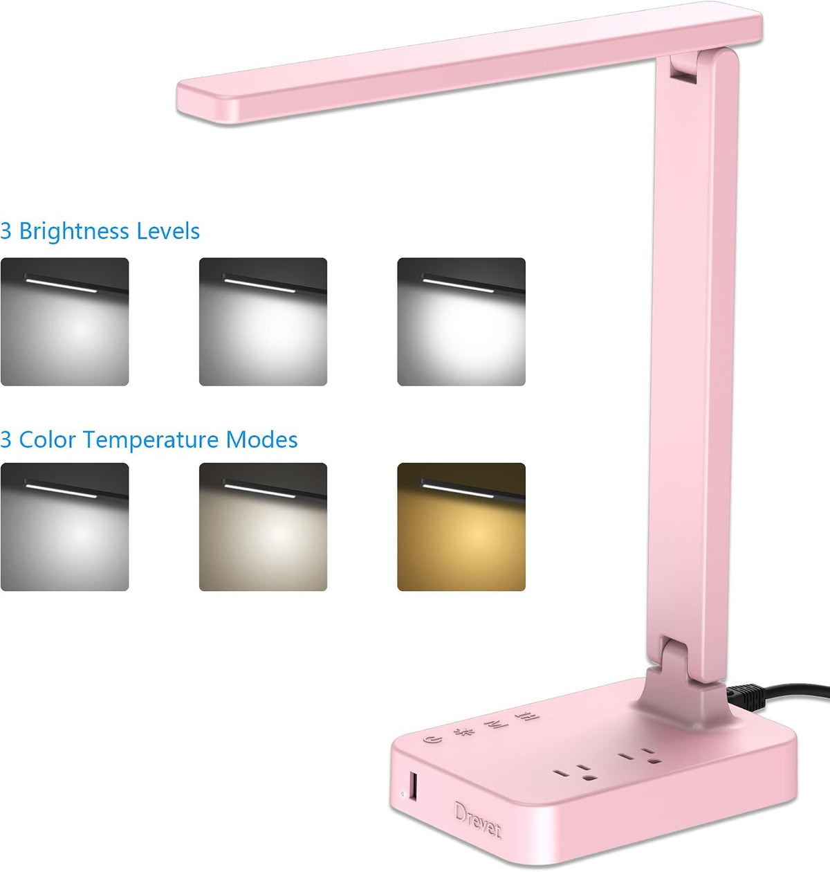 LED Desk Lamp for College Dorm Room, Desk Light with 1 USB Charging Port 2 AC Power Outlet, 3 Lighting Modes, 3 Level Brightness Touch Lamp, Eye-Caring Home Office Foldable Table Lamp
