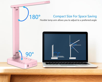 LED Desk Lamp for College Dorm Room, Desk Light with 1 USB Charging Port 2 AC Power Outlet, 3 Lighting Modes, 3 Level Brightness Touch Lamp, Eye-Caring Home Office Foldable Table Lamp