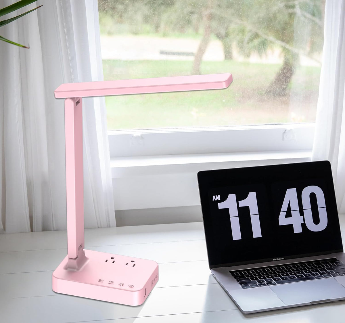LED Desk Lamp for College Dorm Room, Desk Light with 1 USB Charging Port 2 AC Power Outlet, 3 Lighting Modes, 3 Level Brightness Touch Lamp, Eye-Caring Home Office Foldable Table Lamp