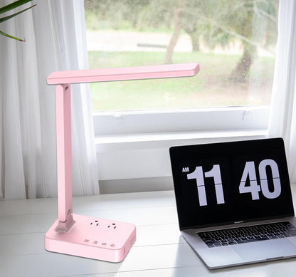 LED Desk Lamp for College Dorm Room, Desk Light with 1 USB Charging Port 2 AC Power Outlet, 3 Lighting Modes, 3 Level Brightness Touch Lamp, Eye-Caring Home Office Foldable Table Lamp