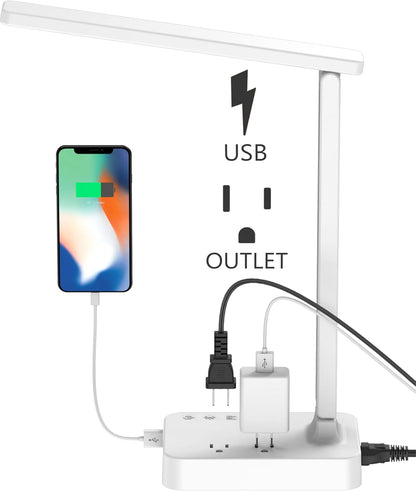 LED Desk Lamp for College Dorm Room, Desk Light with 1 USB Charging Port 2 AC Power Outlet, 3 Lighting Modes, 3 Level Brightness Touch Lamp, Eye-Caring Home Office Foldable Table Lamp