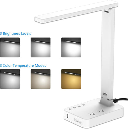 LED Desk Lamp for College Dorm Room, Desk Light with 1 USB Charging Port 2 AC Power Outlet, 3 Lighting Modes, 3 Level Brightness Touch Lamp, Eye-Caring Home Office Foldable Table Lamp