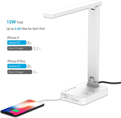 LED Desk Lamp for College Dorm Room, Desk Light with 1 USB Charging Port 2 AC Power Outlet, 3 Lighting Modes, 3 Level Brightness Touch Lamp, Eye-Caring Home Office Foldable Table Lamp