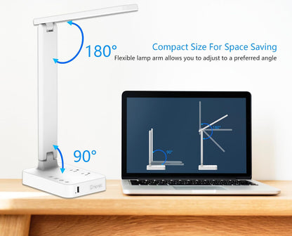 LED Desk Lamp for College Dorm Room, Desk Light with 1 USB Charging Port 2 AC Power Outlet, 3 Lighting Modes, 3 Level Brightness Touch Lamp, Eye-Caring Home Office Foldable Table Lamp