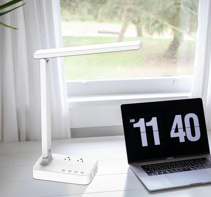 LED Desk Lamp for College Dorm Room, Desk Light with 1 USB Charging Port 2 AC Power Outlet, 3 Lighting Modes, 3 Level Brightness Touch Lamp, Eye-Caring Home Office Foldable Table Lamp
