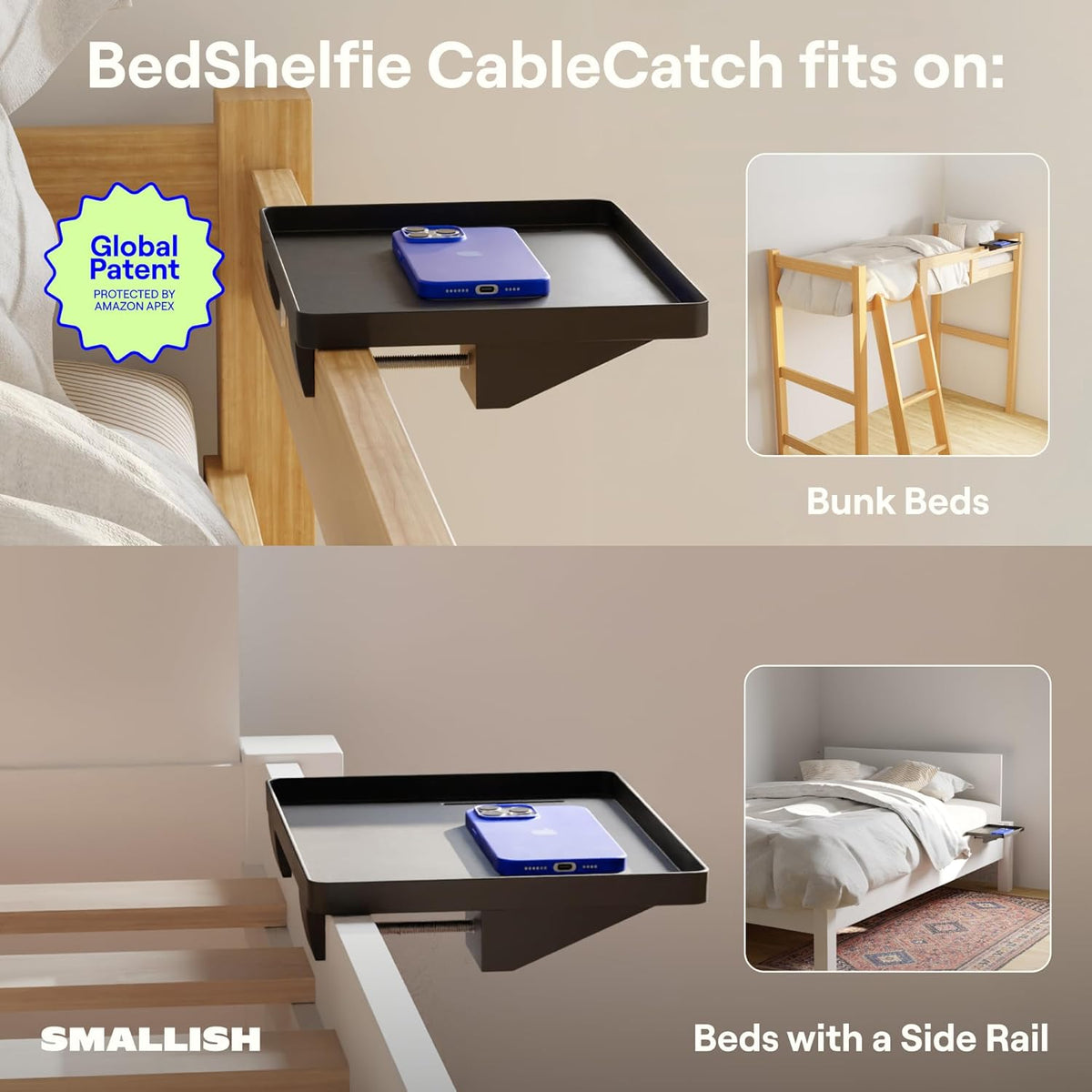 Bedside Shelf for Dorm Room - Cable Catch, Black