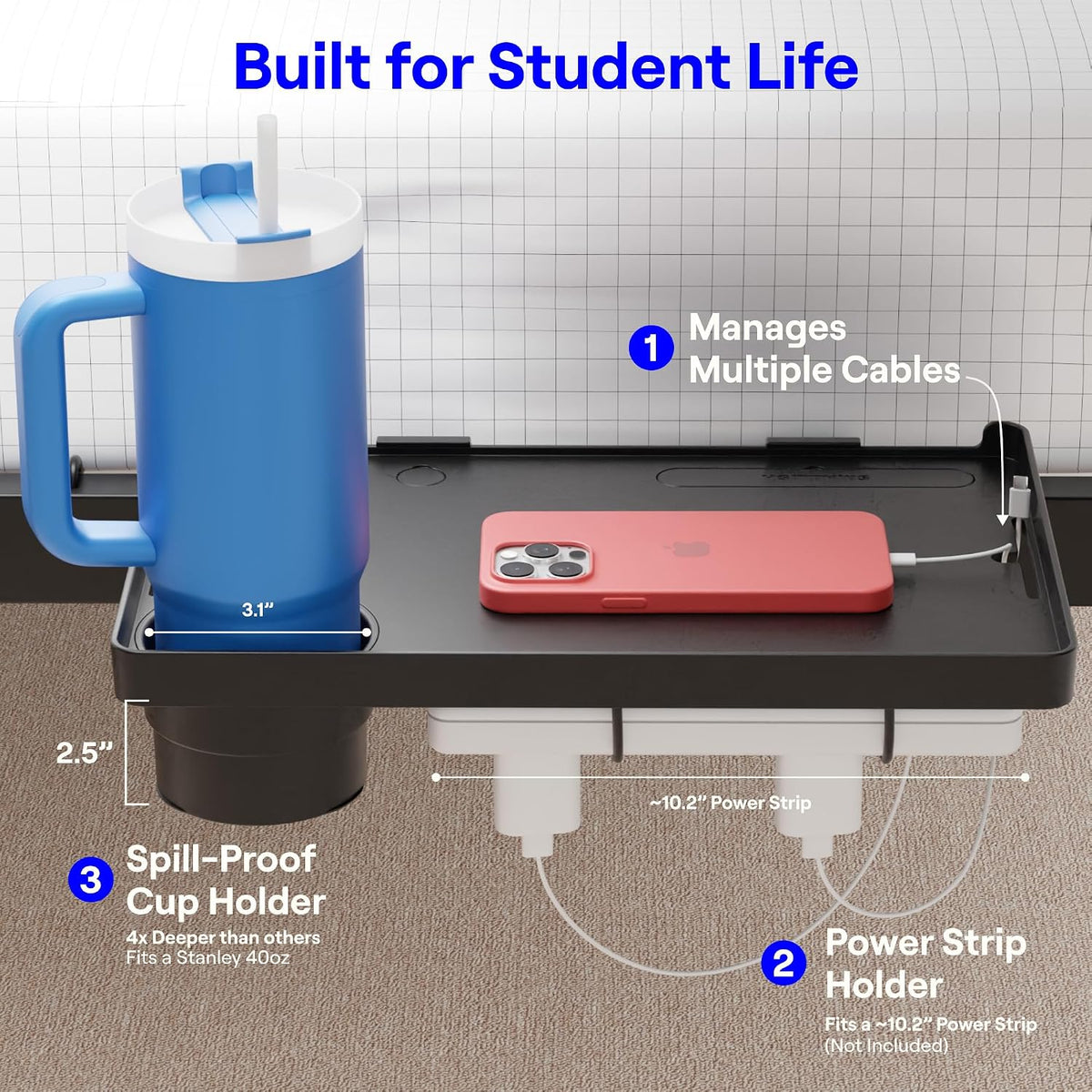 Bedside Shelf for Dorm Room - Cable Catch, Black