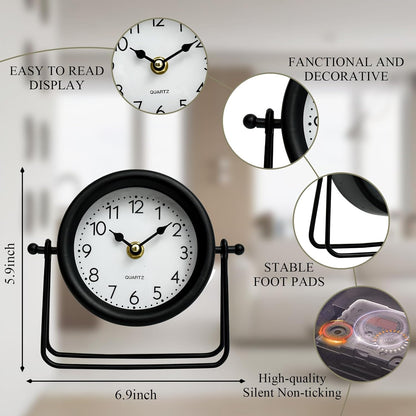 Small Gold Desk and Shelf Clock, 6.9*5.9 Inch Retro Elegant Tabletop Clock with Glass Cover, Silent Non-Ticking Battery Operated Decorative Clock for Living Room, Office, Bedroom, Gift Idea