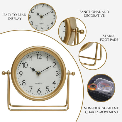 Small Gold Desk and Shelf Clock, 6.9*5.9 Inch Retro Elegant Tabletop Clock with Glass Cover, Silent Non-Ticking Battery Operated Decorative Clock for Living Room, Office, Bedroom, Gift Idea