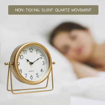 Small Gold Desk and Shelf Clock, 6.9*5.9 Inch Retro Elegant Tabletop Clock with Glass Cover, Silent Non-Ticking Battery Operated Decorative Clock for Living Room, Office, Bedroom, Gift Idea