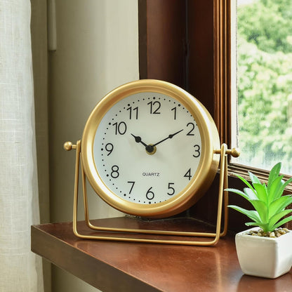 Small Gold Desk and Shelf Clock, 6.9*5.9 Inch Retro Elegant Tabletop Clock with Glass Cover, Silent Non-Ticking Battery Operated Decorative Clock for Living Room, Office, Bedroom, Gift Idea