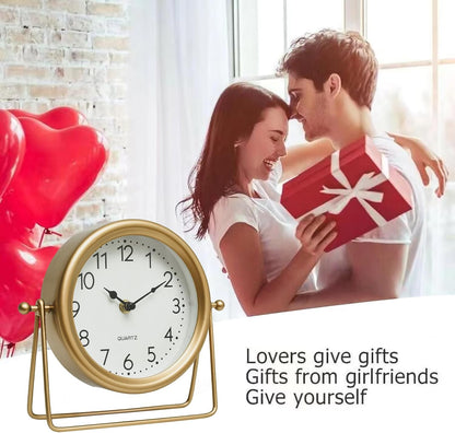 Small Gold Desk and Shelf Clock, 6.9*5.9 Inch Retro Elegant Tabletop Clock with Glass Cover, Silent Non-Ticking Battery Operated Decorative Clock for Living Room, Office, Bedroom, Gift Idea