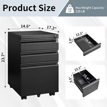 3 Drawer File Cabinet for Home Office, Under Desk Mobile Filing Cabinet with Lock for A4-Size/Letter-Size/Legal-Size, Black (HSEJ-3D)
