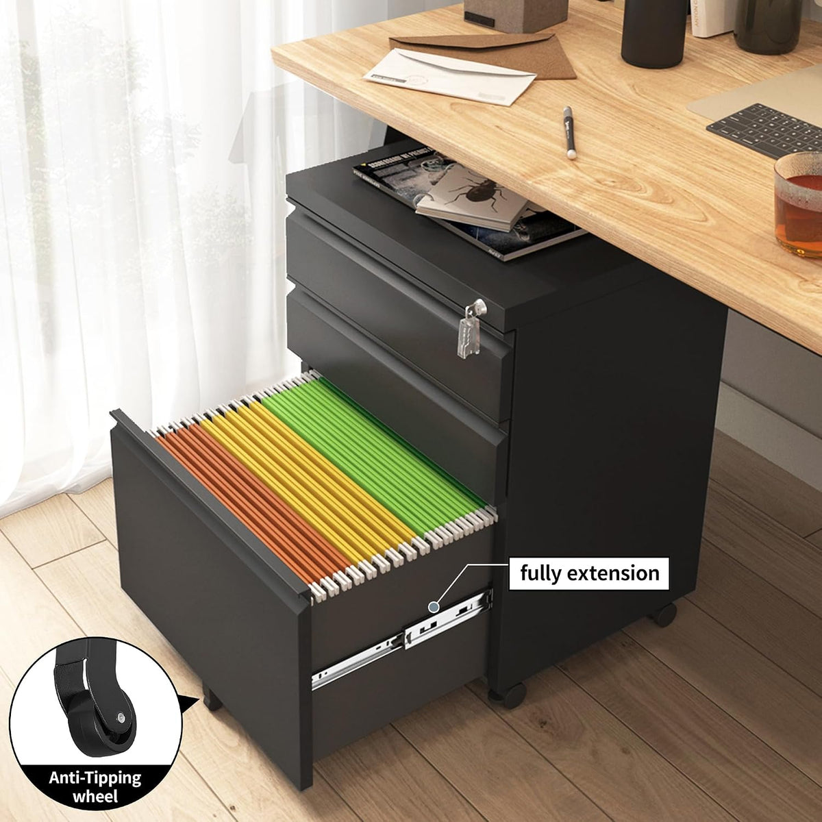 3 Drawer File Cabinet for Home Office, Under Desk Mobile Filing Cabinet with Lock for A4-Size/Letter-Size/Legal-Size, Black (HSEJ-3D)