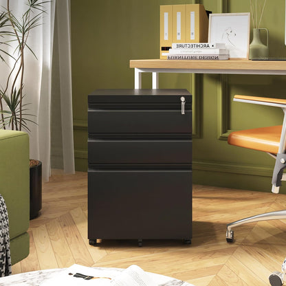 3 Drawer File Cabinet for Home Office, Under Desk Mobile Filing Cabinet with Lock for A4-Size/Letter-Size/Legal-Size, Black (HSEJ-3D)