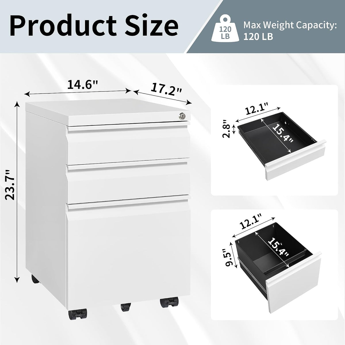 3 Drawer File Cabinet for Home Office, Under Desk Mobile Filing Cabinet with Lock for A4-Size/Letter-Size/Legal-Size, Black (HSEJ-3D)