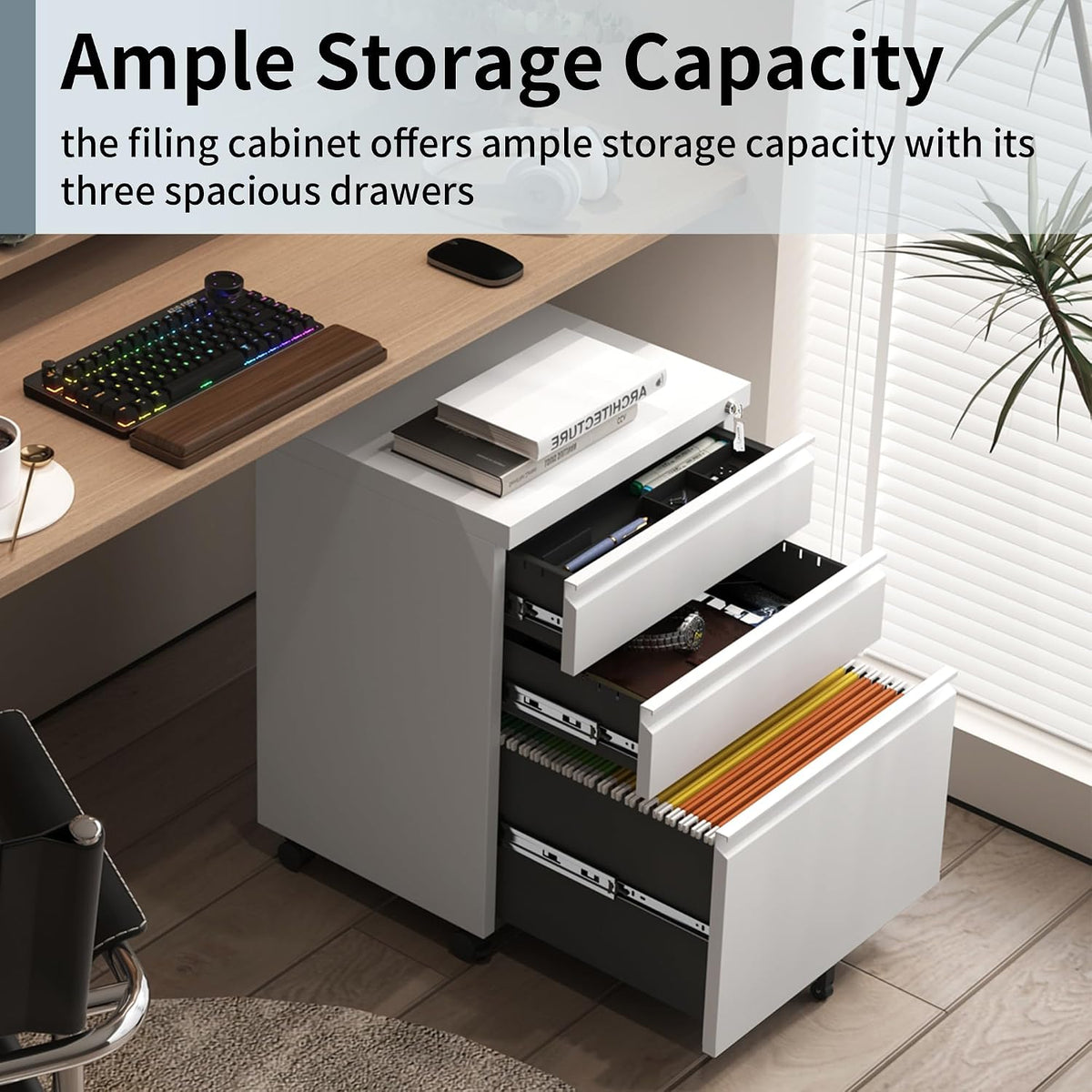 3 Drawer File Cabinet for Home Office, Under Desk Mobile Filing Cabinet with Lock for A4-Size/Letter-Size/Legal-Size, Black (HSEJ-3D)