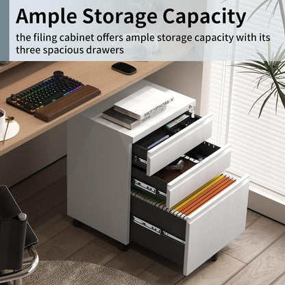 3 Drawer File Cabinet for Home Office, Under Desk Mobile Filing Cabinet with Lock for A4-Size/Letter-Size/Legal-Size, Black (HSEJ-3D)