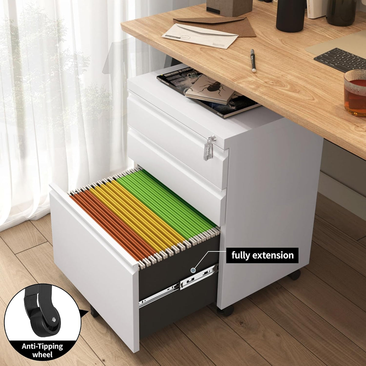 3 Drawer File Cabinet for Home Office, Under Desk Mobile Filing Cabinet with Lock for A4-Size/Letter-Size/Legal-Size, Black (HSEJ-3D)