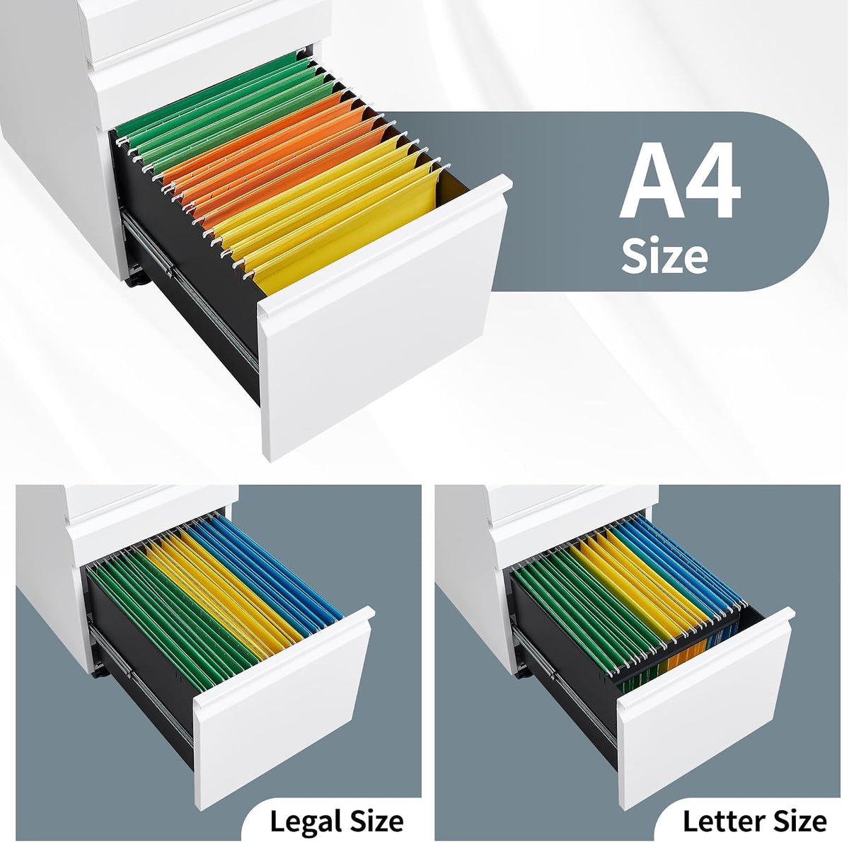 3 Drawer File Cabinet for Home Office, Under Desk Mobile Filing Cabinet with Lock for A4-Size/Letter-Size/Legal-Size, Black (HSEJ-3D)