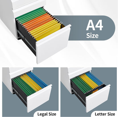 3 Drawer File Cabinet for Home Office, Under Desk Mobile Filing Cabinet with Lock for A4-Size/Letter-Size/Legal-Size, Black (HSEJ-3D)