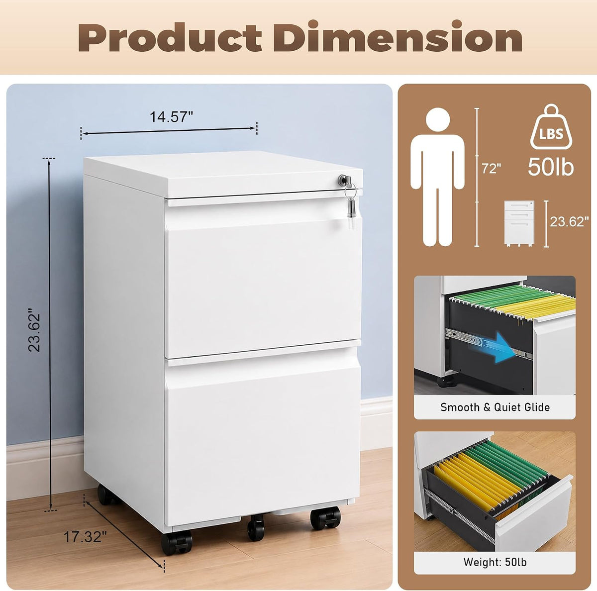 3 Drawer File Cabinet for Home Office, Under Desk Mobile Filing Cabinet with Lock for A4-Size/Letter-Size/Legal-Size, Black (HSEJ-3D)