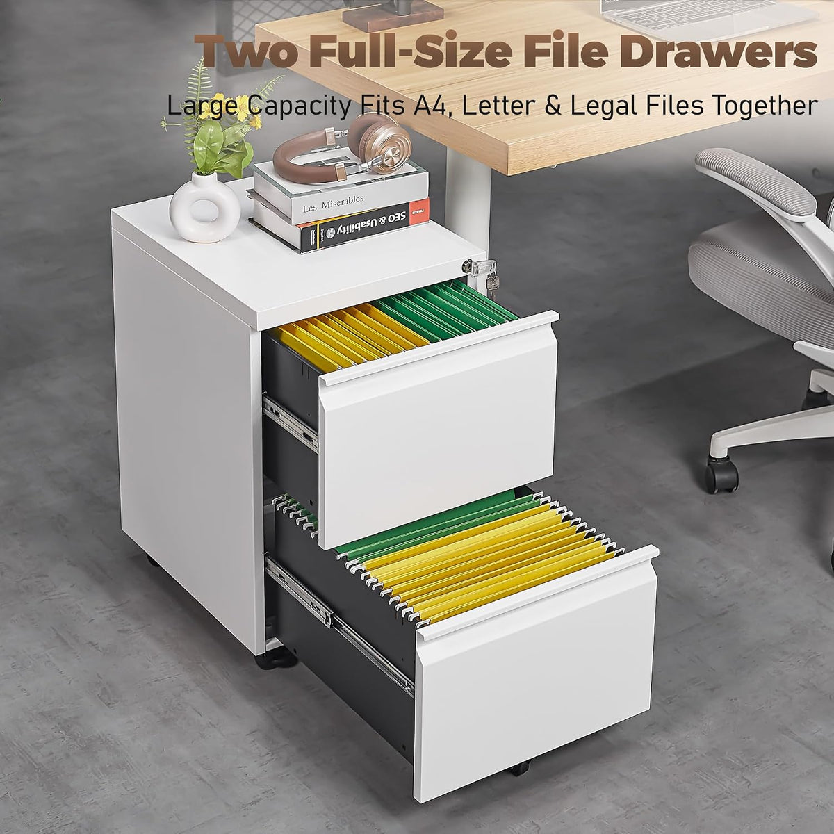 3 Drawer File Cabinet for Home Office, Under Desk Mobile Filing Cabinet with Lock for A4-Size/Letter-Size/Legal-Size, Black (HSEJ-3D)