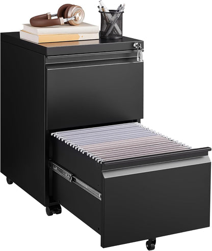 3 Drawer File Cabinet for Home Office, Under Desk Mobile Filing Cabinet with Lock for A4-Size/Letter-Size/Legal-Size, Black (HSEJ-3D)