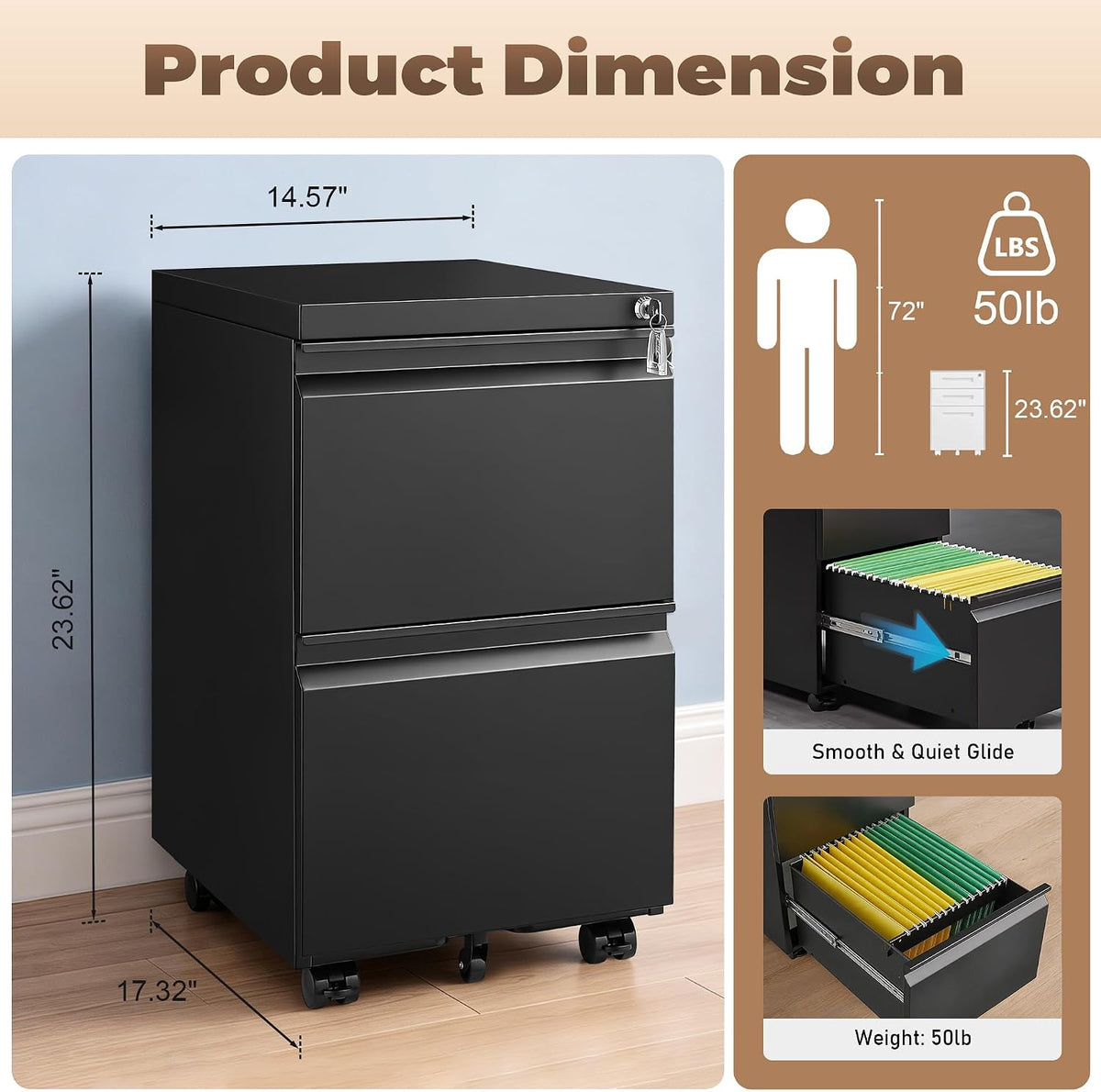 3 Drawer File Cabinet for Home Office, Under Desk Mobile Filing Cabinet with Lock for A4-Size/Letter-Size/Legal-Size, Black (HSEJ-3D)