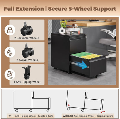 3 Drawer File Cabinet for Home Office, Under Desk Mobile Filing Cabinet with Lock for A4-Size/Letter-Size/Legal-Size, Black (HSEJ-3D)