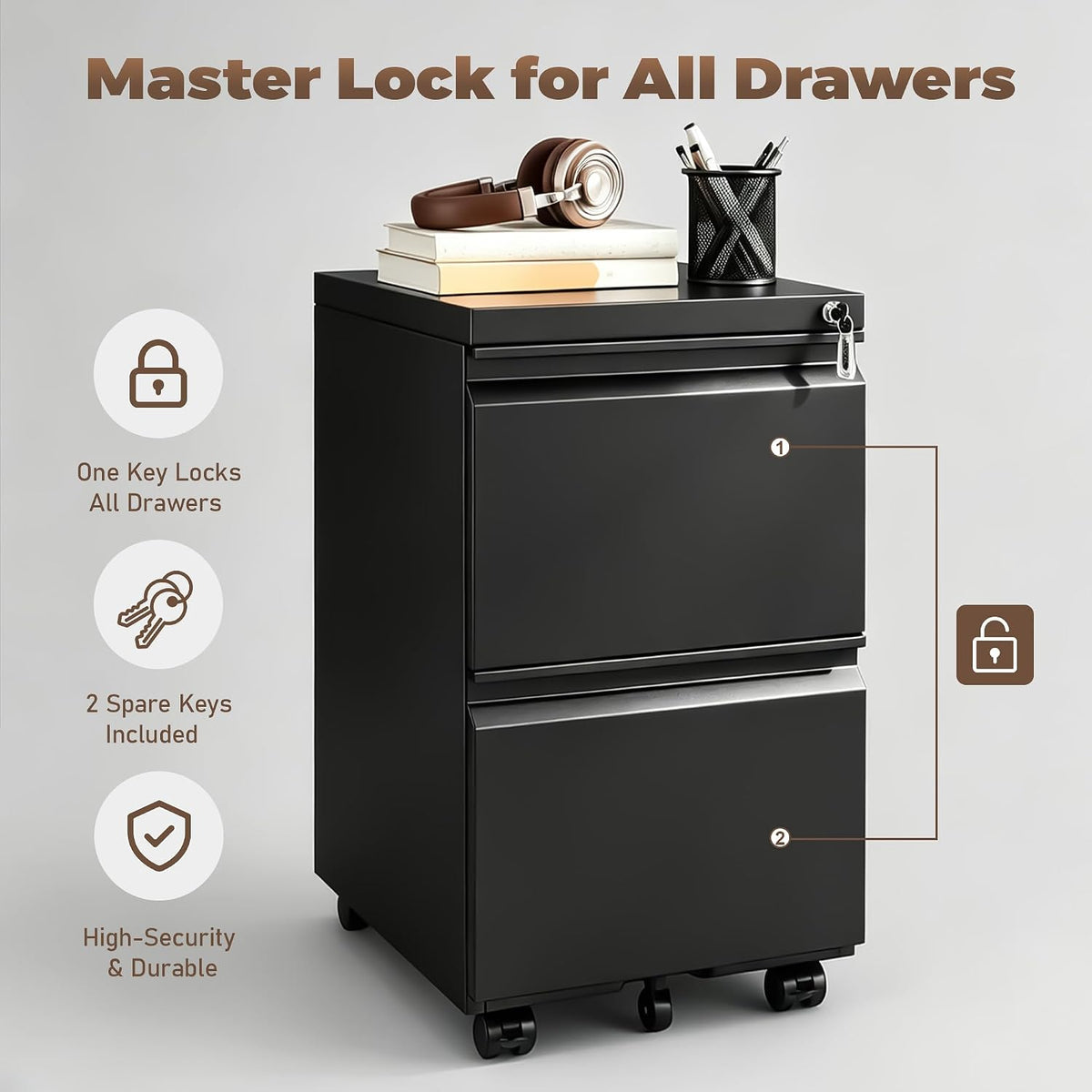 3 Drawer File Cabinet for Home Office, Under Desk Mobile Filing Cabinet with Lock for A4-Size/Letter-Size/Legal-Size, Black (HSEJ-3D)