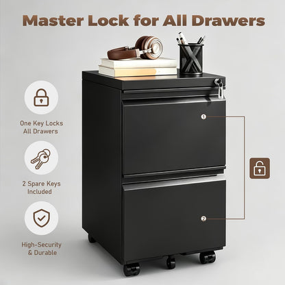 3 Drawer File Cabinet for Home Office, Under Desk Mobile Filing Cabinet with Lock for A4-Size/Letter-Size/Legal-Size, Black (HSEJ-3D)