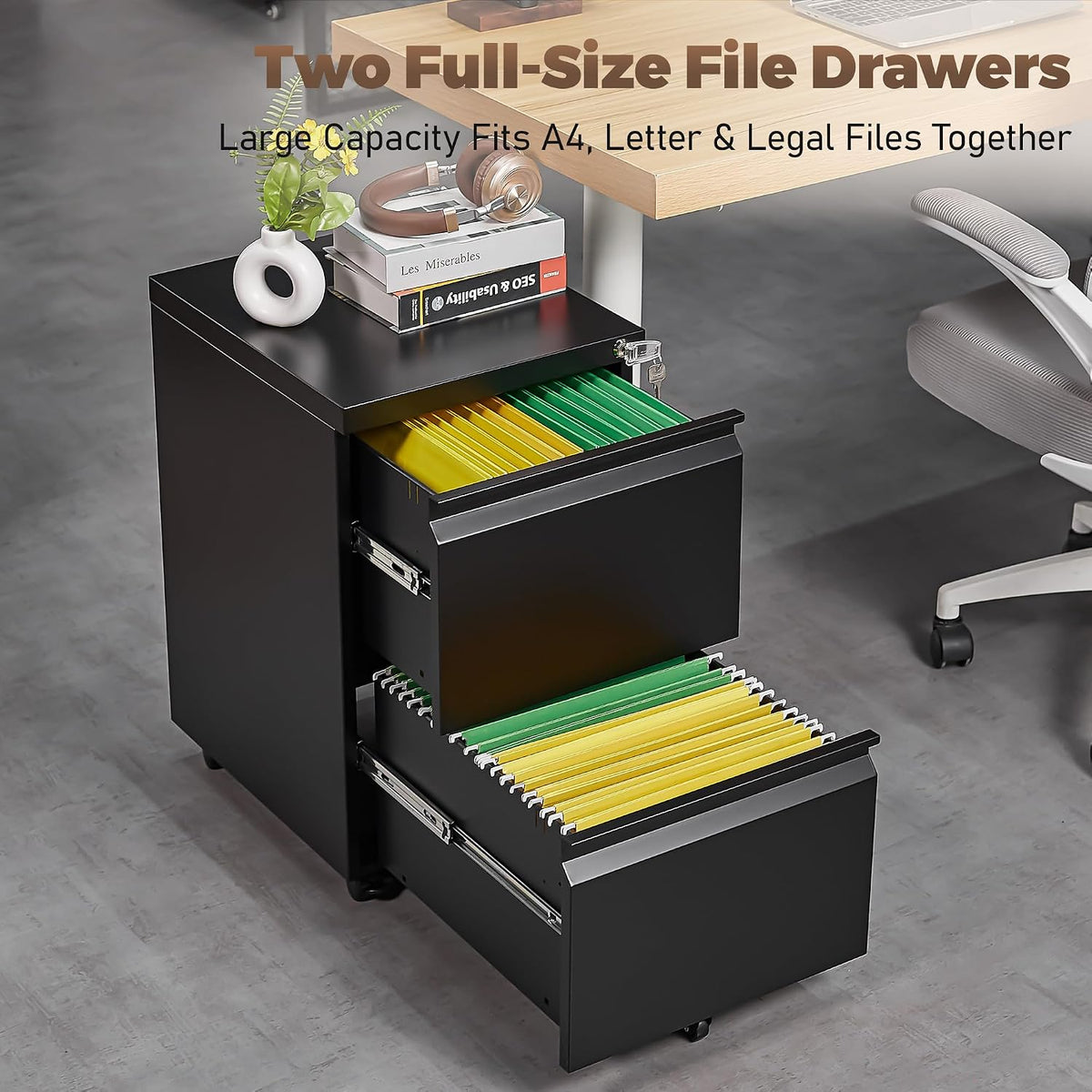 3 Drawer File Cabinet for Home Office, Under Desk Mobile Filing Cabinet with Lock for A4-Size/Letter-Size/Legal-Size, Black (HSEJ-3D)