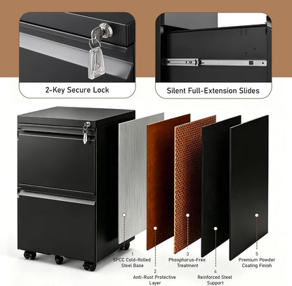 3 Drawer File Cabinet for Home Office, Under Desk Mobile Filing Cabinet with Lock for A4-Size/Letter-Size/Legal-Size, Black (HSEJ-3D)