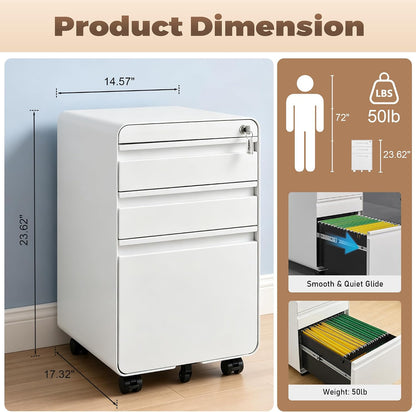 3 Drawer File Cabinet for Home Office, Under Desk Mobile Filing Cabinet with Lock for A4-Size/Letter-Size/Legal-Size, Black (HSEJ-3D)