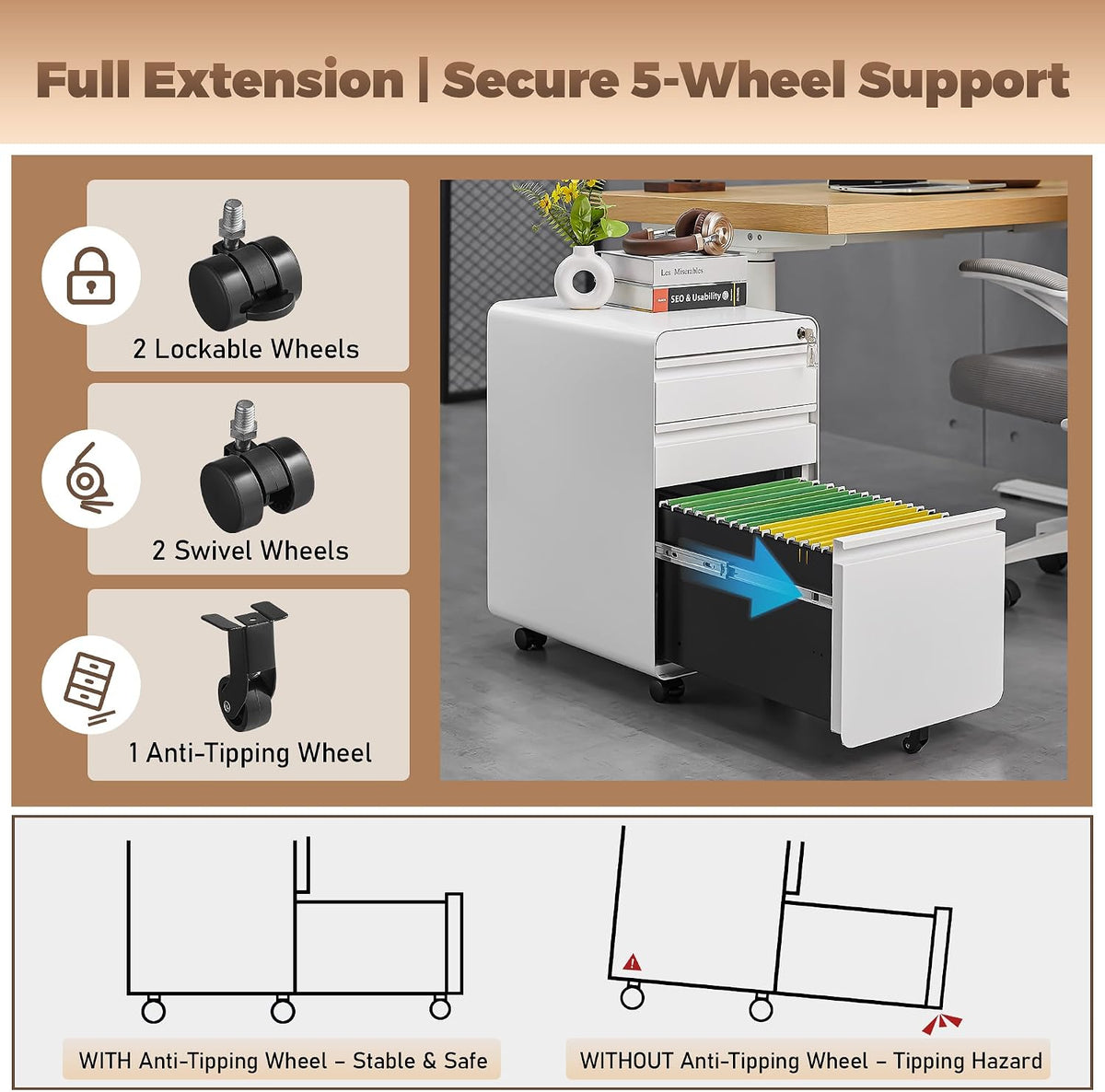 3 Drawer File Cabinet for Home Office, Under Desk Mobile Filing Cabinet with Lock for A4-Size/Letter-Size/Legal-Size, Black (HSEJ-3D)