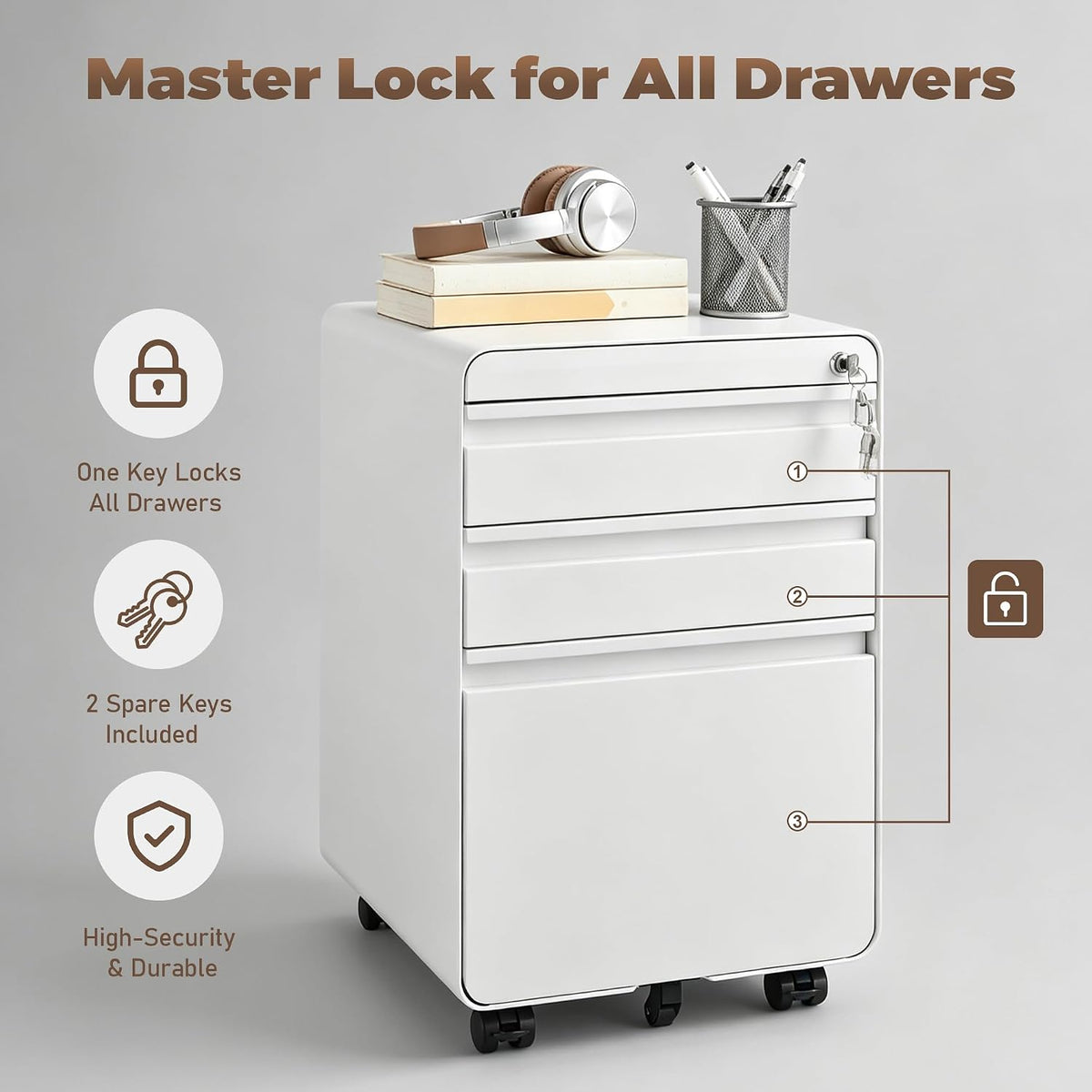 3 Drawer File Cabinet for Home Office, Under Desk Mobile Filing Cabinet with Lock for A4-Size/Letter-Size/Legal-Size, Black (HSEJ-3D)