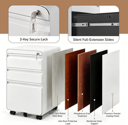 3 Drawer File Cabinet for Home Office, Under Desk Mobile Filing Cabinet with Lock for A4-Size/Letter-Size/Legal-Size, Black (HSEJ-3D)