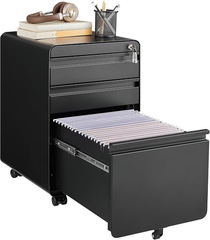 3 Drawer File Cabinet for Home Office, Under Desk Mobile Filing Cabinet with Lock for A4-Size/Letter-Size/Legal-Size, Black (HSEJ-3D)
